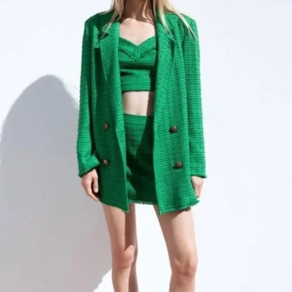 Green textured double breasted blazer